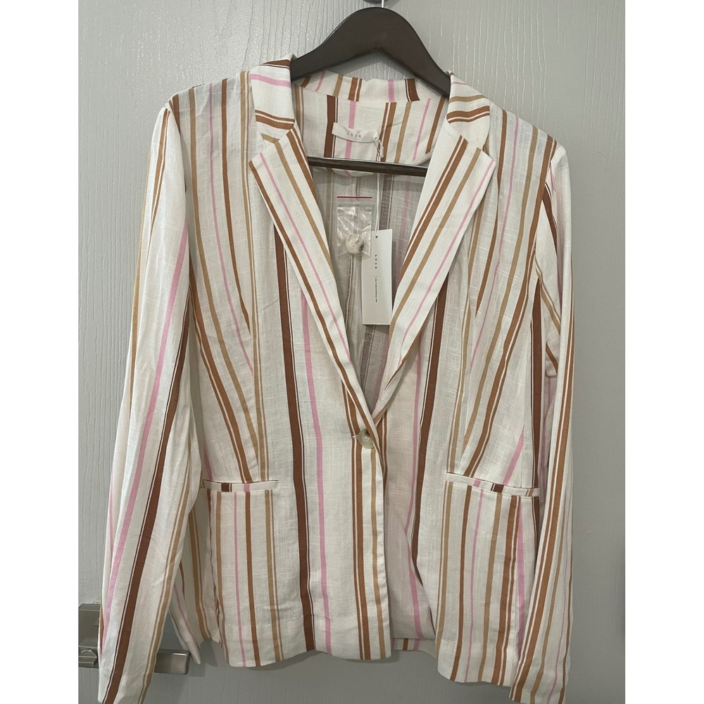 Lush Striped Linen Blend Blazer Jacket Brown Pink Tan Cream Single Button NWT